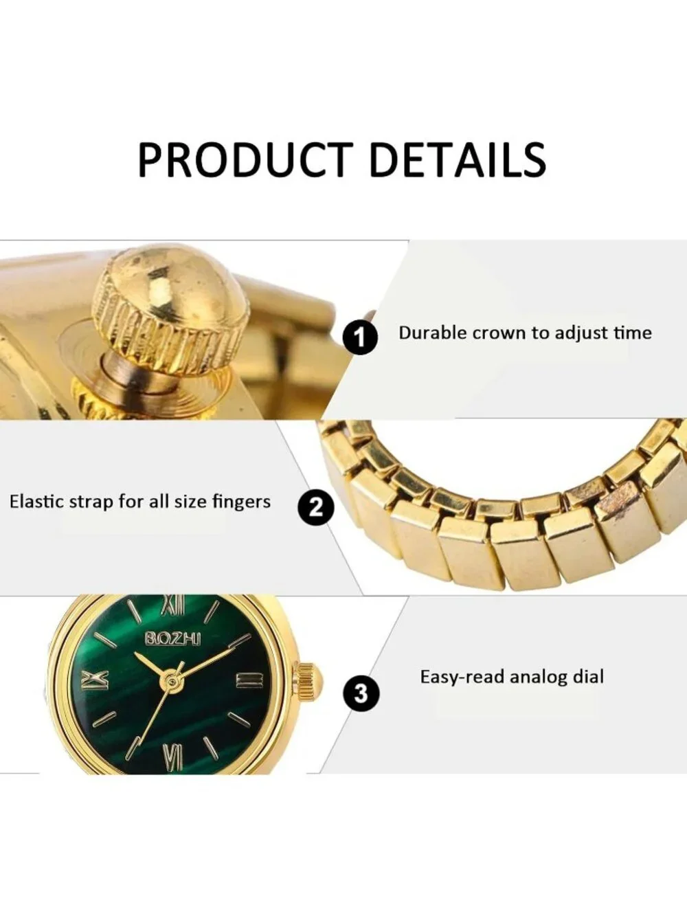 Womens Green And Gold Quartz Stretchy Band Elastic Simple Dial Finger Ring Watch
